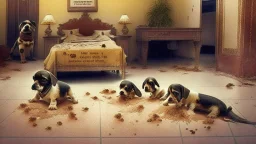 indian hotel front desk with dirty puppies pooping all over the carpet