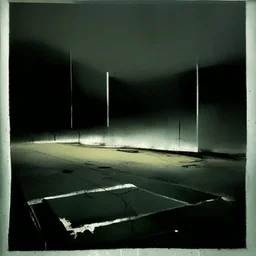 Minimal abstract oil paintings of a desolate 1960s carpark. Illuminated by a spotlights. On the floor are concrete fragments and road markings . In the dark mysterious style of Justin Mortimer and Francis Bacon.