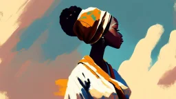 Design, African woman, oil painting, featureless, graphic, drawing without facial features, background, sky, traditional clothes, cartoon, looking left