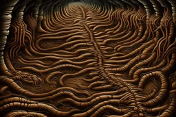 A brownish bronze underground centipede colony painted by MC Escher