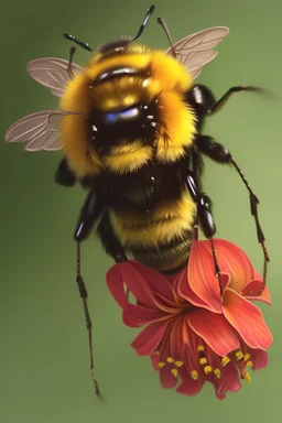 Realistic drawing with colored pencils of a bumblebee and a flower