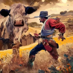A male cowboy in a primo ballerino dress dances in the prairie. Cows gawk.