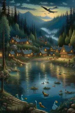 A town near a lake in which are ducks. Everything is in the forest, it is night, painted by Bob Ross
