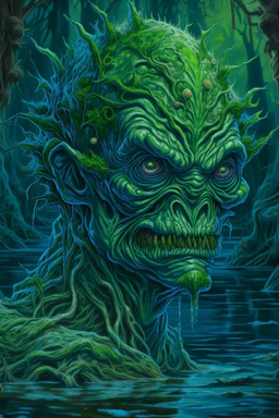 Swamp Thing, real alien character, ominous, facepaint, waist up portrait, intricate, oil on canvas, masterpiece, expert, insanely detailed, 4k resolution, retroanime style, cute big circular reflective eyes, cinematic smooth, intricate detail , soft smooth lighting, soft pastel colors, painted Renaissance stylestyle