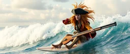 pirate shotgun mozart playing with his wig, looking hot and crazy on a surfboard on a big wave