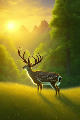 the foreground, a deer on a forest hillside overlooking a lake. Bathed in sunshine, with a lush green meadow, a winding river, and a towering mountain range in the distance. Warm sundown glow, golden hour. Ultra-detailed, with every blade of grass and every leaf rendered in perfect clarity. The colors are vibrant and saturated, with a dreamy, ethereal quality. Stained glass effect. Modifiers: photorealistic award winning cinematic postprocessing watercolor Ink drawing Steve Hanks Nicoletta Cecc