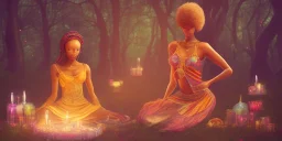 a group of african colourful dressed woman, sitting in a cirle surrounded by candles and crystal, meditating in a enchanted forest, fotorealistic, high quality, landscape, 17