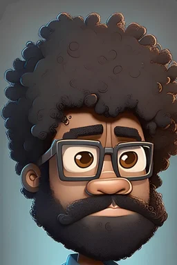 cartoon character with dark skin, curly hair, geeky round spectacles slight beard