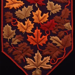 autumn colored cloth banner embroidered with ornamental leaves and filigree, increased thread texture and definition