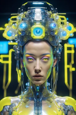 Organic, cyborg Ai queen with neuralink headgear, on an inter dimensional catwalk,perfect human face, clear acrylic plastic film, full body shot, catwalk fashion show, iridescent, surreal, Salvador Dali meets pixels,,waterhead, dj style, neon yellow,glowing eyes ,clouds, eye patch,pealers
