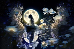 double exposure, merged layers, praying woman silhouette in backlit, glass and gemstone moonflowers bathing in the light from a full moon, rocks, water, amazing night sky, glowing flowers, vines, large stars highly detailed extremely detailed fantasy photorealistic beautiful high detail award winning hyperrealistic ultra detailed high definition crisp quality Jacek Yerka Ultra realistic Dominic Davison