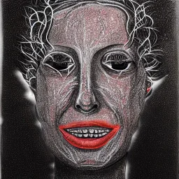 Silver on black paper portrait of female smiling face of migraine, face distorted with pain, reverse colors, screaming, tears streaming from eyes, colorless, glitchcore, dystopian, horror, ultra realist texture, intricate line drawing,