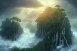 epic matte painting of misty tropical jungle island on stormy ocean, very lush, organic, vines, realistic shaded volumetric lighting, volumetric clouds, ecosystem, ancient, reflective water, intricate, fires, volumetric waves & smoke, randomly placed ground fog, spume, small minutiae, detailed roots, spindrift, tiny features, flowers, ripples, particulars, sharp lines, digital art, 8k, uhd, perspective ground level camera view, ambient occlusion, sunlight caustics, colorful, design by sam curry