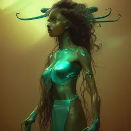 alien girl, cute, beautiful, long hair, curly hair, black hair, slim body, brown eyes, big eyes, green skin, turquoise dress, head and shoulders portrait, fantasy, 8k resolution concept art portrait by Greg Rutkowski, Artgerm, WLOP, Alphonse Mucha dynamic lighting hyperdetailed intricately detailed