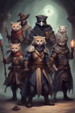 dungeons and dragons party consisting of the following members - one plague doctor, one human rogue, one tabaxi cleric that looks like a pallas cat, one dragonborn fighter, one kenku druid, one human bard