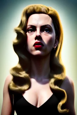 retro portrait image from 1960, supermarket parking explosion, long hair, young Scarlett Johansson, classic black tight lycra suit, gold bracelet and belt, high heel boots, soft color, highly detailed, unreal engine 5, ray tracing, RTX, lumen lighting, ultra detail, volumetric lighting, 3d, finely drawn, high definition, high resolution.