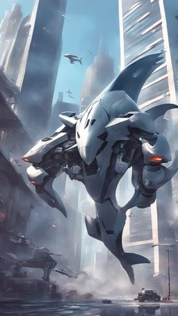 a picture of cyber shark that is flying in the city, cyborg whale, anno 2070, modern mecha anime, aeromorph, stunning sci-fi concept art, male robotic anthro orca, robotic anthro dolphin, cgsociety ), mecha anthropomorphic penguin, from arknights, cool mecha style, futuristic art style, mecha art