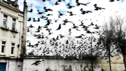 A white clouded sky filled with birds painted by Banksy