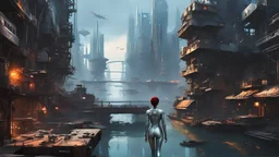 woman in a silver catsuit looking at a view of buildings made of reused dirty rusty metal next to a futuristic canal junction, cyberpunk, many painted colours, flying boats, balconies, bridges, shops, fifth element, ghost in the shell, altered carbon, Ian McQue a masterpiece, 8k resolution, dark fantasy concept art, by Greg Rutkowski, dynamic lighting, hyperdetailed, intricately detailed, Splash screen art, trending on Artstation, deep color, Unreal Engine, volumetric