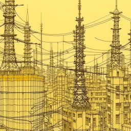 A light yellow metropolis with electrical towers painted by Utagawa Hiroshige