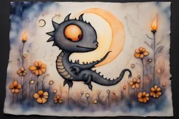 painted and burned burlap, moonlight, cute chibi dynamically jumping dragon, flowers, styles of Paul Klee Dee Nickerson and Tim Burton, melting watercolor and black ink outlines on wet paper, soft, shading strokes, in candlelight, ethereal, otherwordly, cinematic postprocessing, bokeh, dof