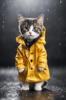 baby cat in raincoat. Chibi, Photograph, Canon DSLR, Tilt - shift, black background, high definition, Complete and coordinated composition, 8k