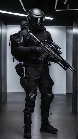 teenager male dressed with futuristic black tactical gear