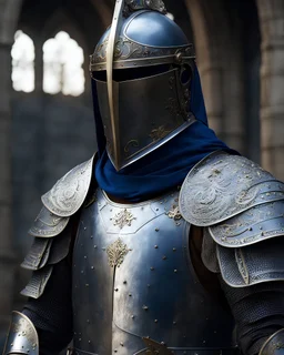 details, 8k, cinematic, ultrarealistic, medieval costume, highly detailed, kodak ultra max 800, intricate. a noble knight wearing steel plate armour with a medieval helmet covering his face. The tabard on the armour is dark blue and white. There are cloth bits and pieces attached to the armour that are coloured the same dark blue. He is holding a greatsword.