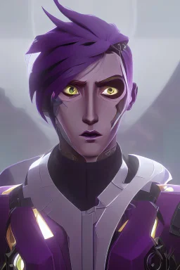 A Genderless Cyborg made of metal, has a human like face with a long violet ponytail, the cybord is wearing armor similar to Megaman Omega. The color palatte of the armour is deep purple and yellow.