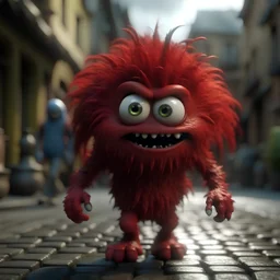 hyperrealistic red crazy sharp hair cute funny little monster photography dashing through an old town 8k, ultra high quality, insanely detailed, --ar 3:2