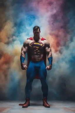 Superman, extremely huge, overexaggerated muscles, posing and flexing in a front of the camera, random extreme action poses, an extremely colorful, multicolored foggy blue marble wall in the background with a colorful marble tile floor, multicolored lightning, realism engine,