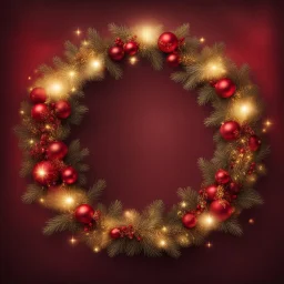 Beautiful Decorated Christmas Wreath With Fairy Lights, Golden Sparkles On Red And Maroon Grunge Background.