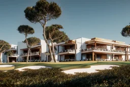 Christmas Day in algarve, a modern luxury hotel architecture building WITH STRAIGHT LINES AND CANNOPY, white render and wood stripe vertical elements with gold metallic details, overlooking the golf course, trees pines, realistic 8k ultra render