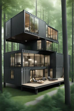 large house in the woods made from shipping containers, photorealistic
