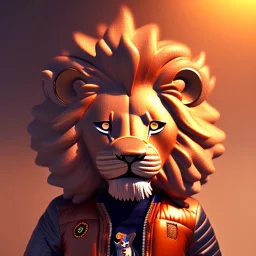 Lion toddler, smile, steampunk headphone, sunglass, gangsta neckless, full body, orange puffer jacket, tokio background, dramatic lighting, hyper realistic, unreal engine 5, 16k