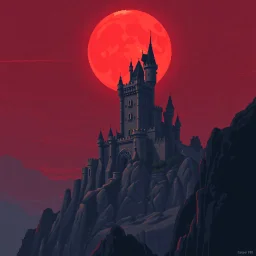 8 bit pixelart a towering castle perched atop windswept cliffs, its jagged stone figure bathed in the cinematic crimson glow of a giant, imposing red harvest moon, red sky