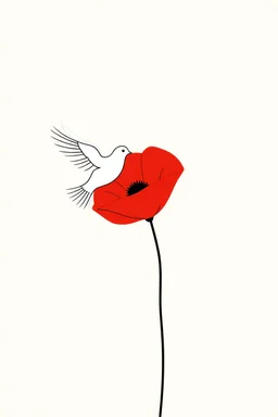 simple outline of a red poppy with a white dove flying over it
