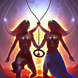 Two women skipping with a rope, demons and angry gods fight in the background, in the style of a Michael Moorcock book cover.