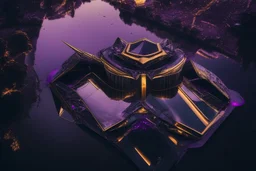 futuristic Exterior of a bulding, gothic, neon, neoclassical and dark violet and dark gold, light silver, obsidian, lakecore, maximalist, and the reflection in river, dji mavic