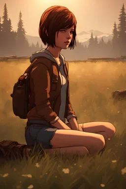 Highest quality, highest resolution, best cinematic screen grab of Max Caulfield from “Life is Strange” eating grass in an expansive field
