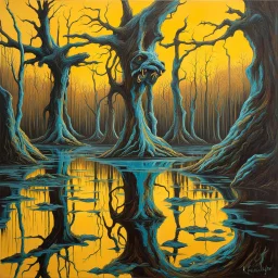 Reflection of the ego mirroring one's shadow, integration of the shadow beast, repression the root of all evil, by Kevin Crossley, eerie dark colors, splashes of dark_cyan and muted_yellow, hyperdetailed, matte oil painting.