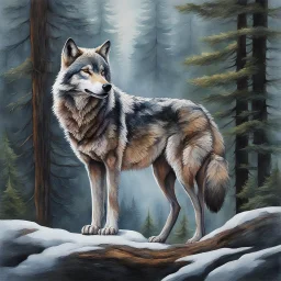 A mesmerizing painting that showcases the captivating beauty of a wolf. The wolf's body is intricately detailed, with its fur rendered in a myriad of textures and shades. At the center of the wolf's body, a stunning watercolor landscape unfolds, capturing the serene atmosphere of a foggy forest. Towering pine trees rise above the mist, their branches delicately outlined against the soft, green sky. A silhouette of a deer stands at the forest's base, gazing intently into the distance. The predomi
