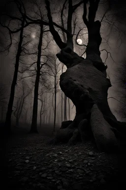 Night, trees, rocks, creepy, gothic horror films influence, photography