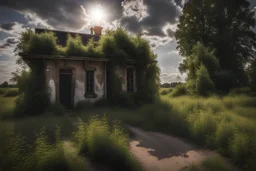 Countryside, abandoned train station, sunny day, clouds, high weeds, railways, trees, very epic, photography