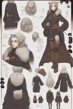 A dnd character sheet. A woman dressed for the cold north in black and white furs, with brown hair