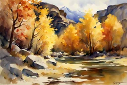 Sunny day, autumn trees, rocks, fantasy, mountains, epic, john singer sargent watercolor paintings