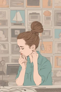 girl with messy bun working on a dsk. wes anderson