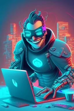 An 3d illustration of a person working in front of a laptop with a happy face and having a good time a man, cartoon style A cyberpunk as a superhero, full body of a superhero, cyberpunk city, masked eyes, cyberpunk eyes
