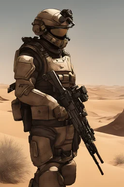 A rugged Marine looking out into the large, open desert. Wearing UNSC Marine-Styled Armor.