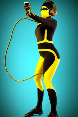 Realistic photograph. Geometric 3D tiling on the background, woman, Whip. Bronze color, Yellow, Black Cyan. Cyber-punk full-mask. Big old AKG headphones, golden rings & disc. Selfie both hands. Lightly armored, electronic circuits. Thick tights, thick calves, bend fell, wide hip, flat belly. Ancient artifact attached. Perfect body. Matrix movie clothes, Silver leather area, tippet, latex. Wicked sneakers. Daft Punk, Tron Movie. Egyptian Haute Couture. 1990's. Ancient telephon